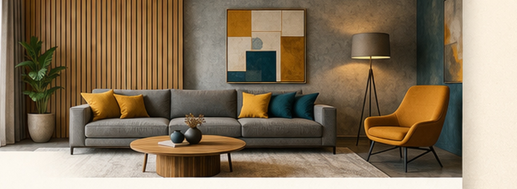 Modernes Wohnzimmer mit Designsofa, Lamellenwand und Akzentstuhl