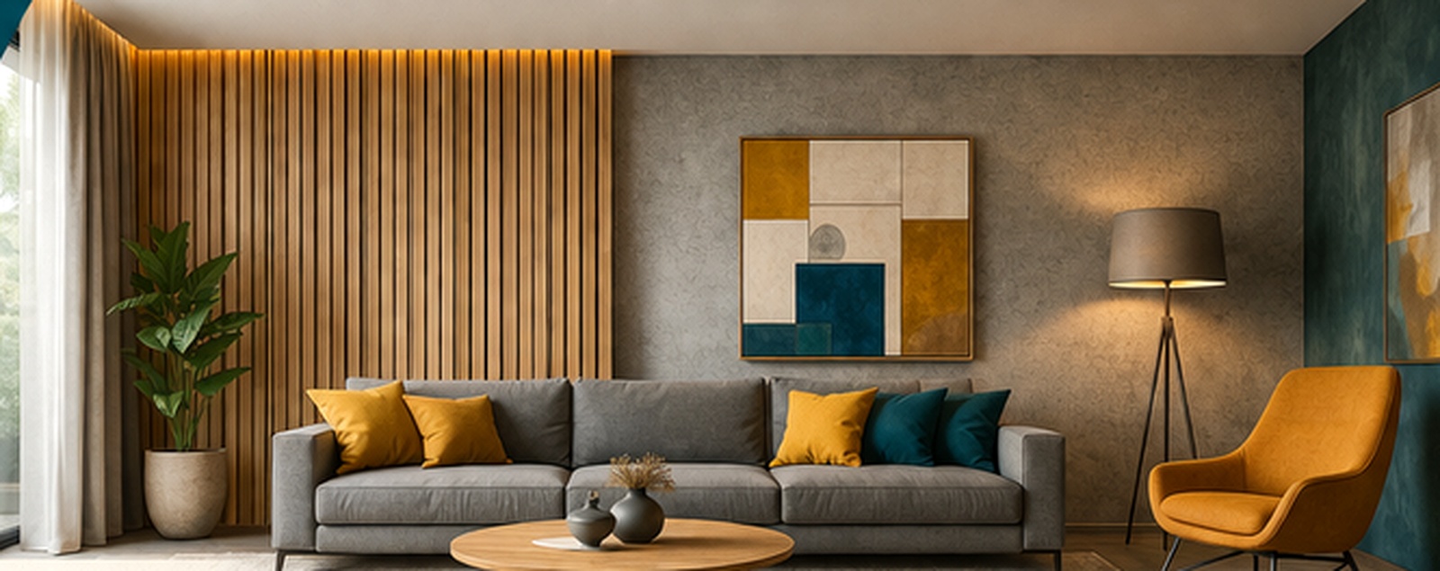 Modern eingerichtetes Wohnzimmer mit hochwertiger Wandgestaltung
