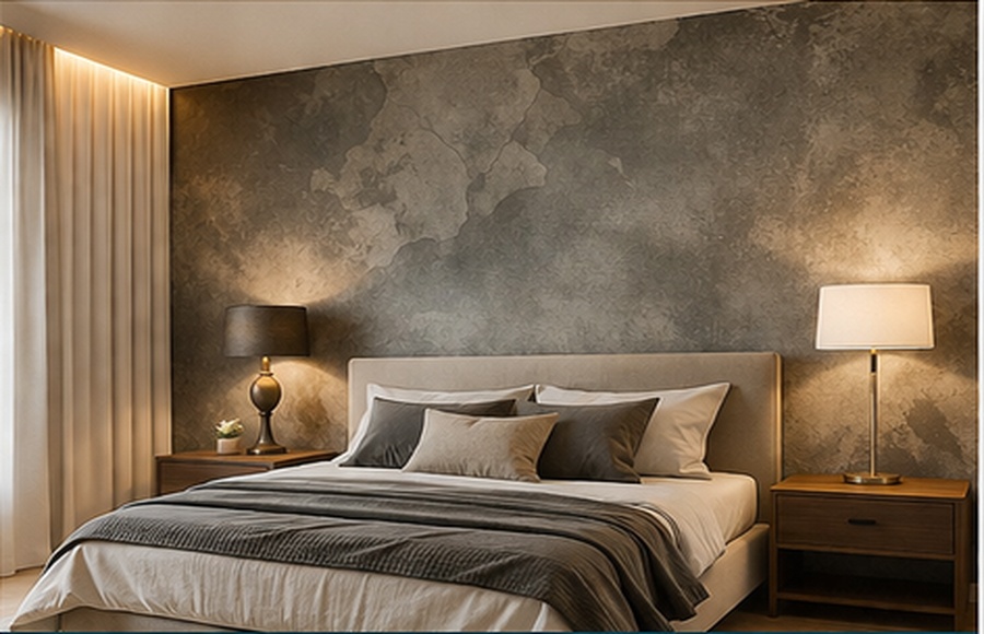 Schlafzimmer mit Strukturwand in Betonoptik