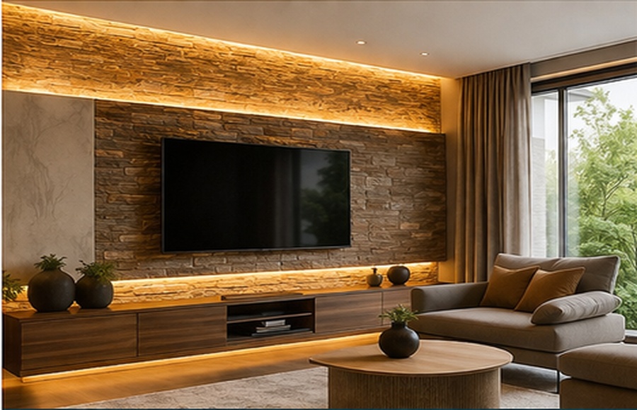 Modernes Wohnzimmer mit Wandgestaltung und Lichtkonzept